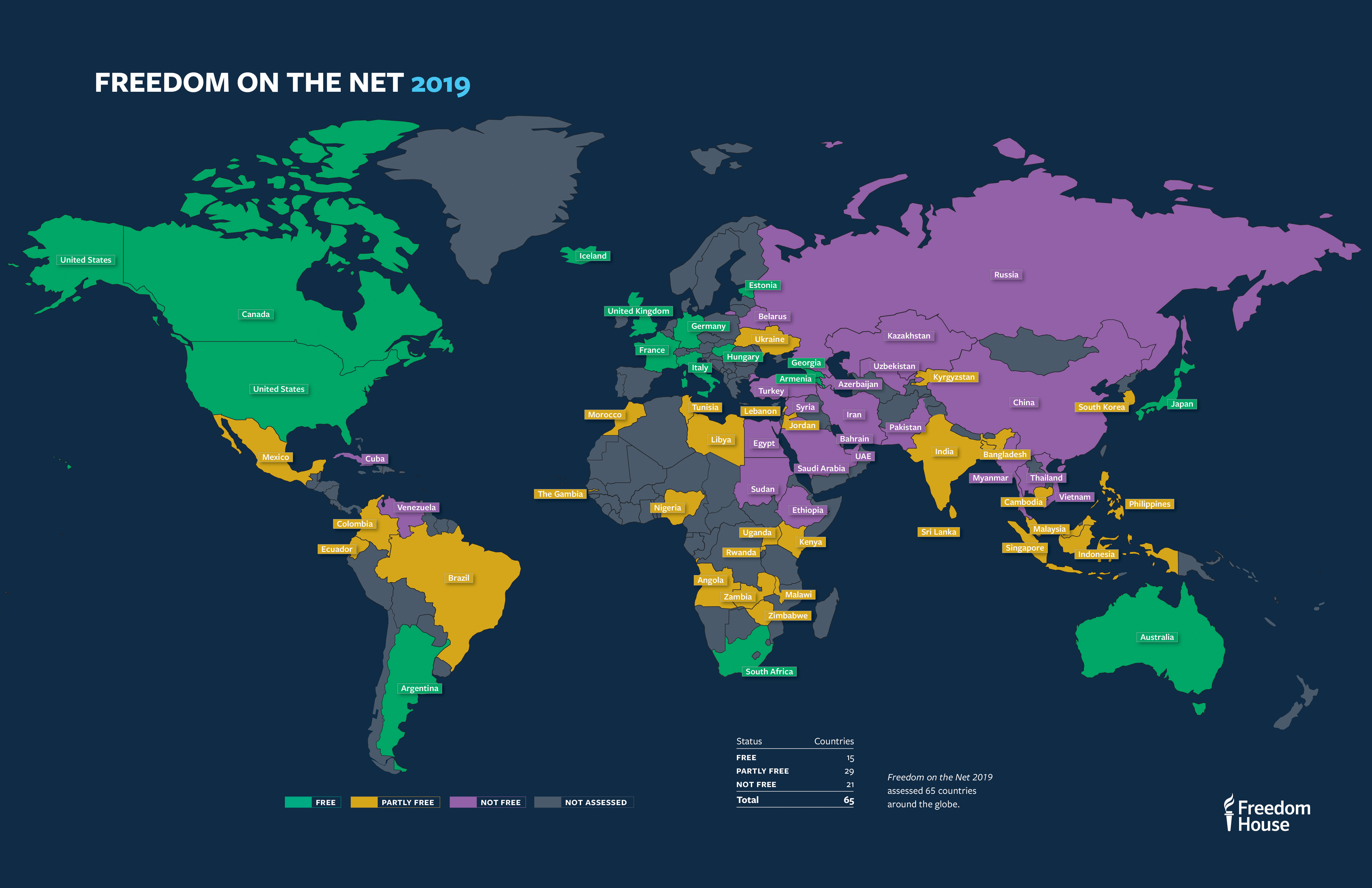 Freedom on the Net 2019 map