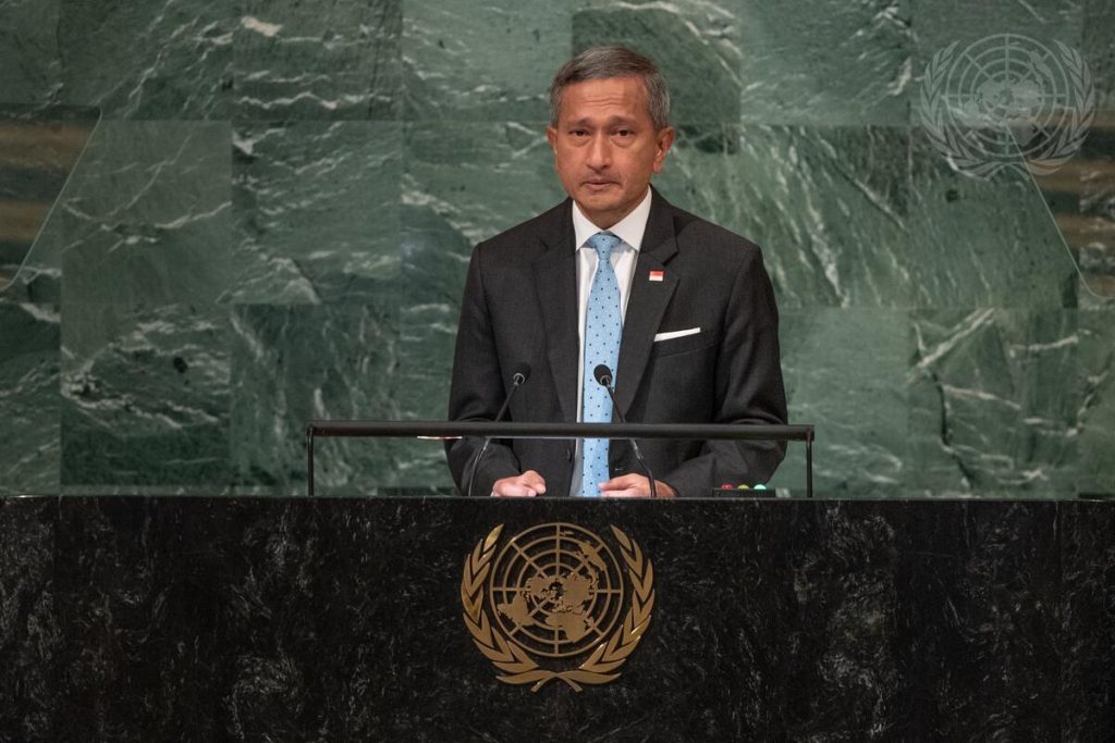 This is an image of Vivian Balakrishnan, Minister for Foreign Affairs of the Republic of Singapore, addressing the general debate of the General Assembly’s seventy-seventh session.