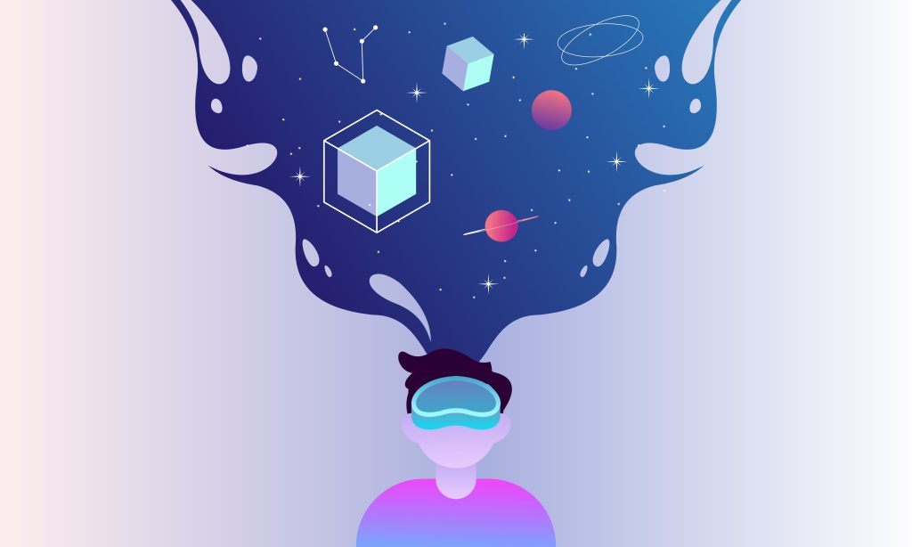 A boy in purple wearing VR glasses and watching the outer space.