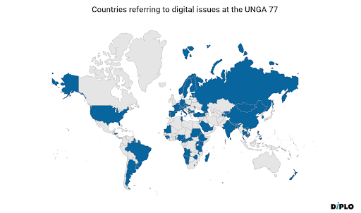  A world map highlights the countries referring to digital issues in blue.