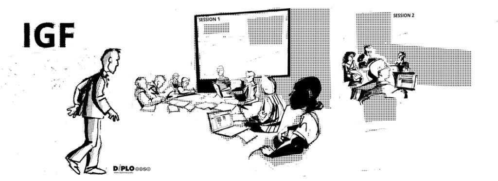 A black and white drawing shows online and in situ IGF participants in discussions.