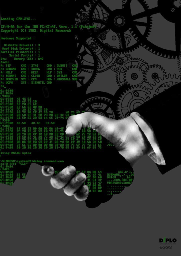 A manipulated image shows a conceptualisation of a digital hand shaking a human hand.