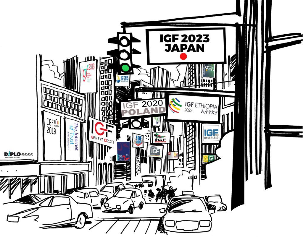 A predominantly black and white cartoon image shows a busy street congested with cars, signs, and buildings. The billboard ‘IGF 2023 Japan’ takes prominence on a traffic signal, with a visual colour play between the green signal for go, and the similar red circle under the word Japan.