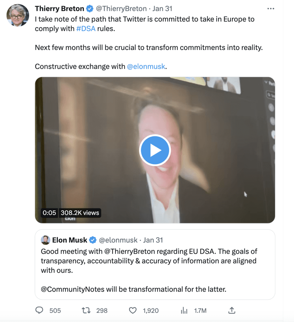 A tweet shows a photo of Elon Musk with a play icon over it. The text reads: I take note of the path that Twitter is committed to take in Europe to comply with #DSA rules. Next few months will be crucial to transform commitments into reality. Constructive exchange with @elonmusk