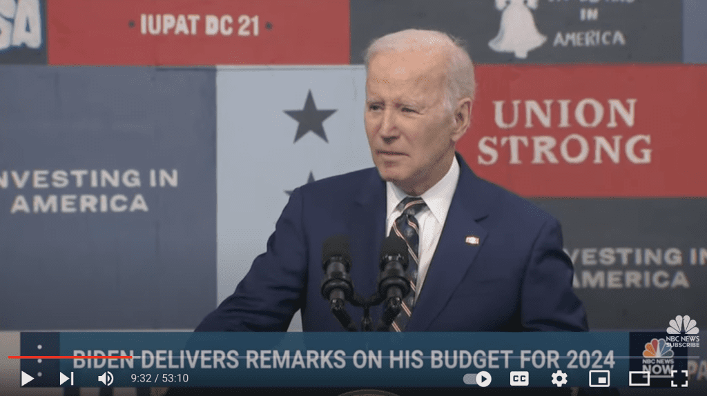 US President Joe Biden delivering remarks on his budget for 2024. Credit: NBC News