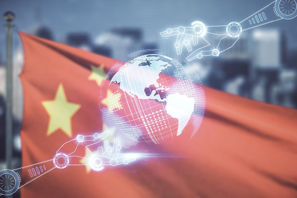 Abstract virtual robotics technology hologram with globe sketch on flag of China and blurry cityscape background. Robot development and automation concept. Multiexposure