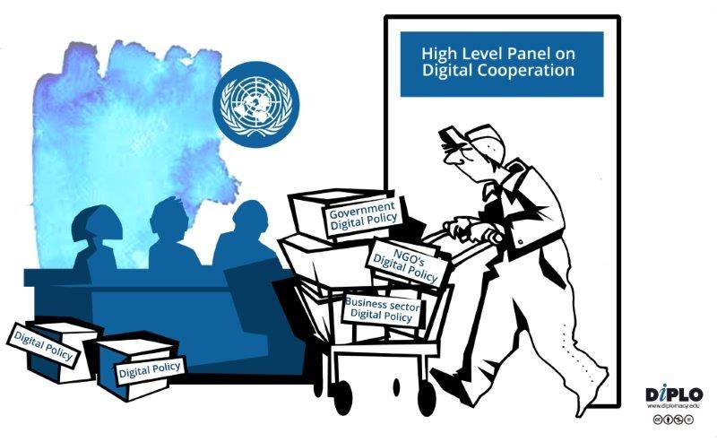 A worker pushes a cart full of boxes with information about government digital policy, NGO’s digital policy, business sector digital policy from one UN meeting room to another