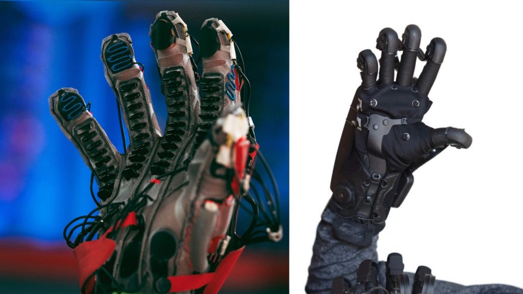 An early stage haptic glove prototype from Meta’s Reality Labs (left) and HaptX DK2 haptic gloves (right).